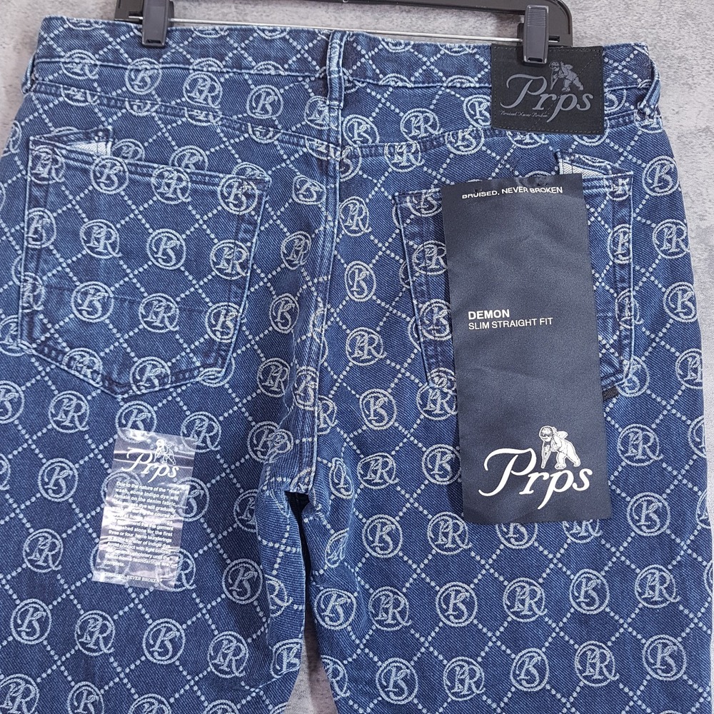 PRPS Demon Slim Straight Monogram Jeans Mens 36x34 Indigo Blue E107P213P - Picture 3 of 8